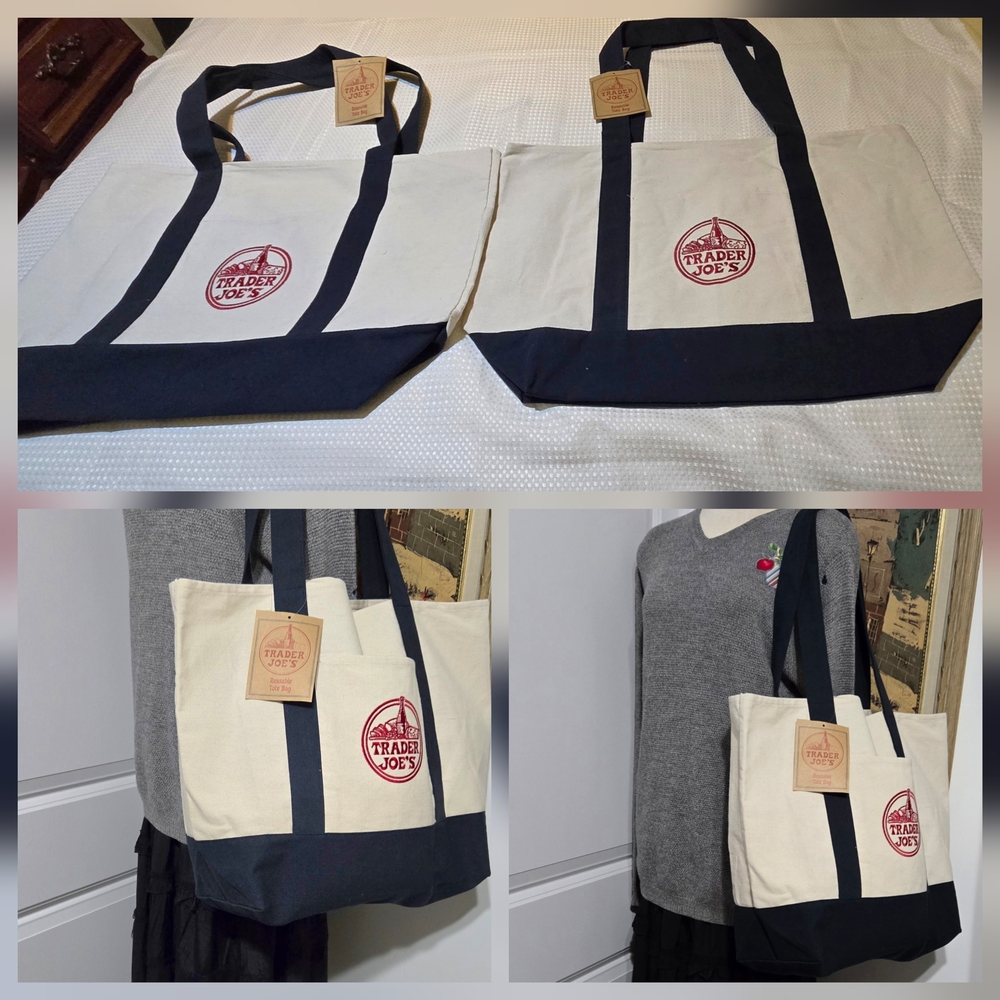 Trader Joe's Blue Classic Lot 2  Canvas Large Cotton  Tote Bag